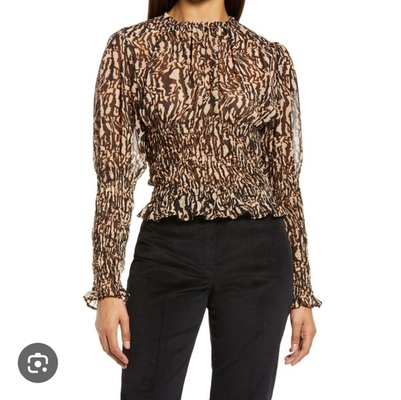 NWT Halogen Black Tan Animal Print Blouse Sheer Long Sleeve High Neck Ruched S - Picture 1 of 10